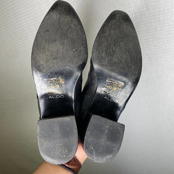 ALDO Black Leather Ankle Boots Pointed Toe Block Heel Elastic Side Panels - Picture 4 of 6